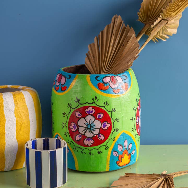 Ian Snow Ltd - Wholesale Vase - Vintage Hand Painted Medium Wooden Pot (Re-worked) - 22