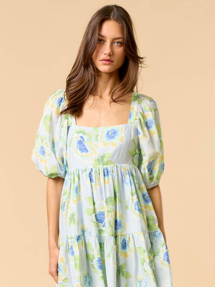 Lalavon - Wholesale Dress - Women's - ILD5068 SQUARE NECK PUFF SLEEVE RUFFLED MINI DRESS