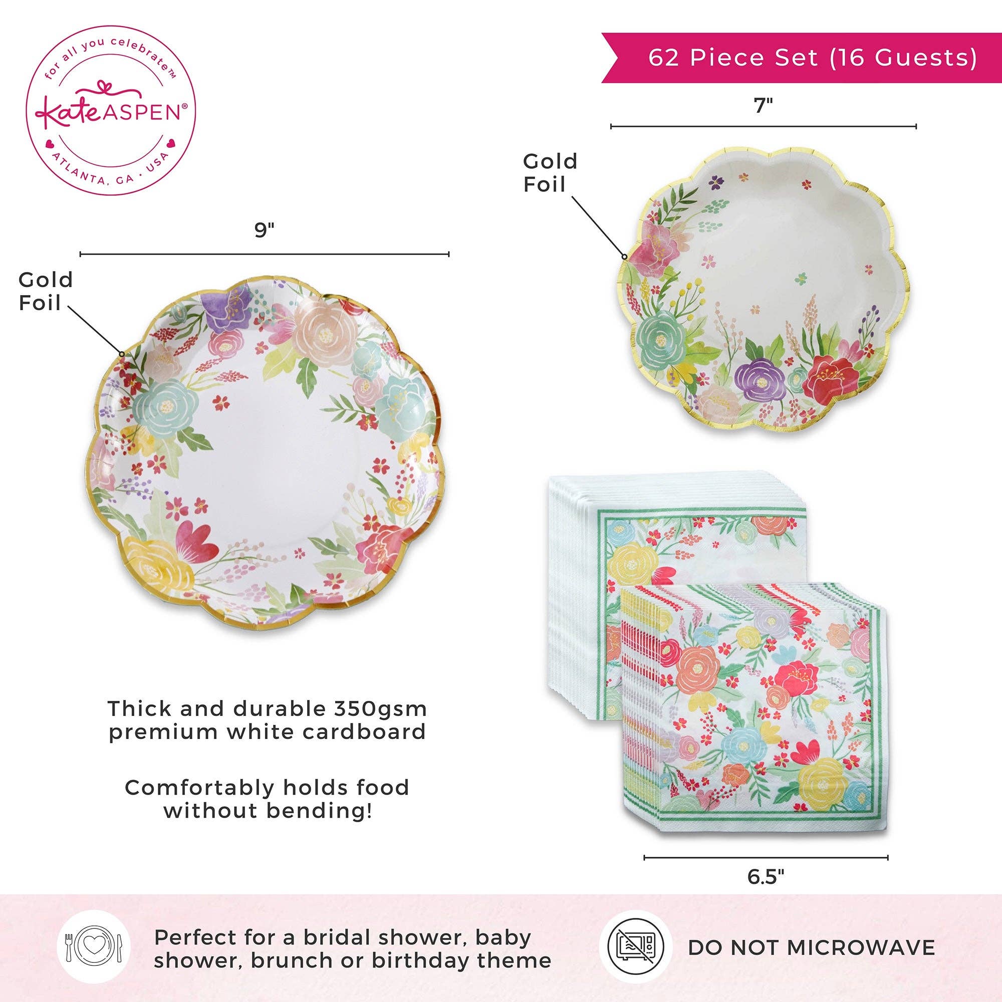 Kate Aspen - Vendita all'ingrosso Confezione di stoviglie monouso - Garden Blooms, set di stoviglie per feste da 62 pezzi (16 ospiti)5