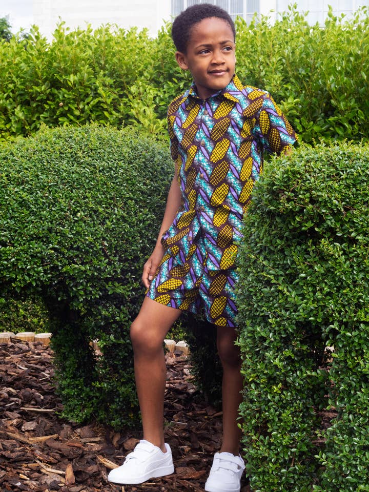 Boys African print shirt and shorts set- BLU for wholesale by Ohema Ohene