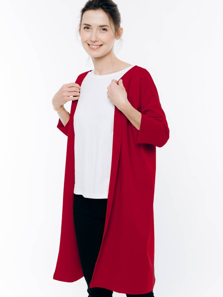 Röd kofta för kvinnor, elegant kofta, rosettkofta, enkel för wholesale av LeMuse