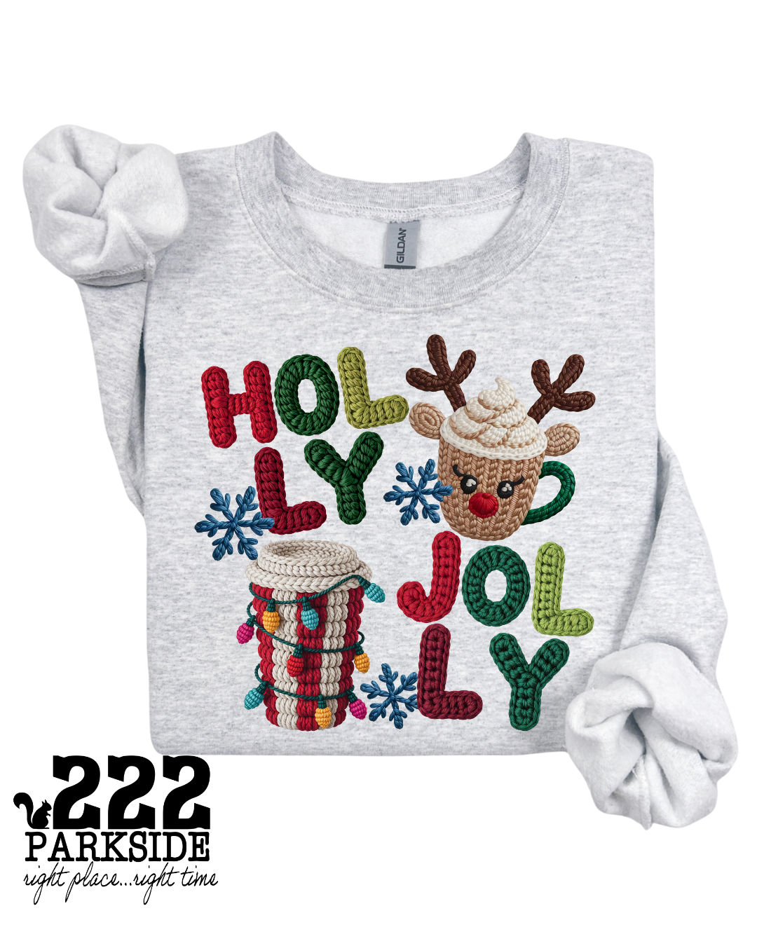 222 PARKSIDE - Wholesale Graphic Sweatshirt - Women's - Holly Jolly Faux Crochet Sweatshirt – Cozy Cups & Christmas 0