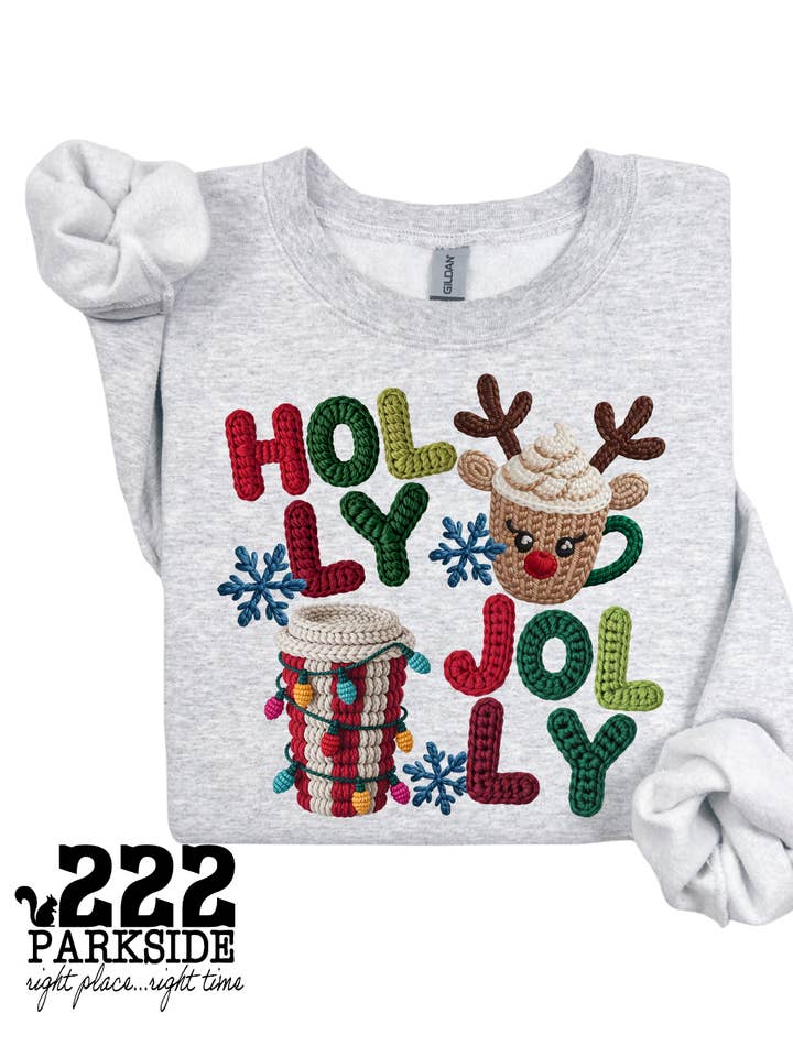 222 PARKSIDE - Wholesale Graphic Sweatshirt - Women's - Holly Jolly Faux Crochet Sweatshirt – Cozy Cups & Christmas 0