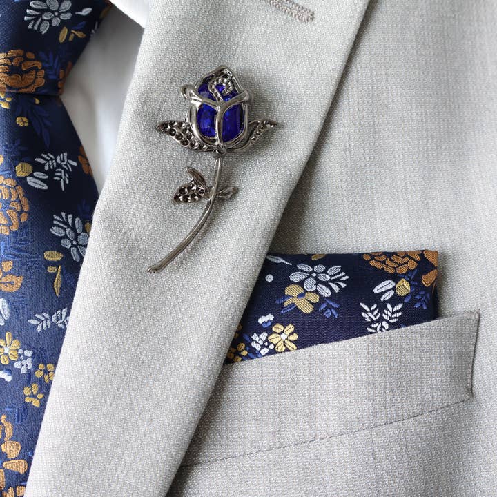 Tie Mood - Wholesale Necktie - Men's - Clara Blue & Gold Floral Tie & Pocket Square Set