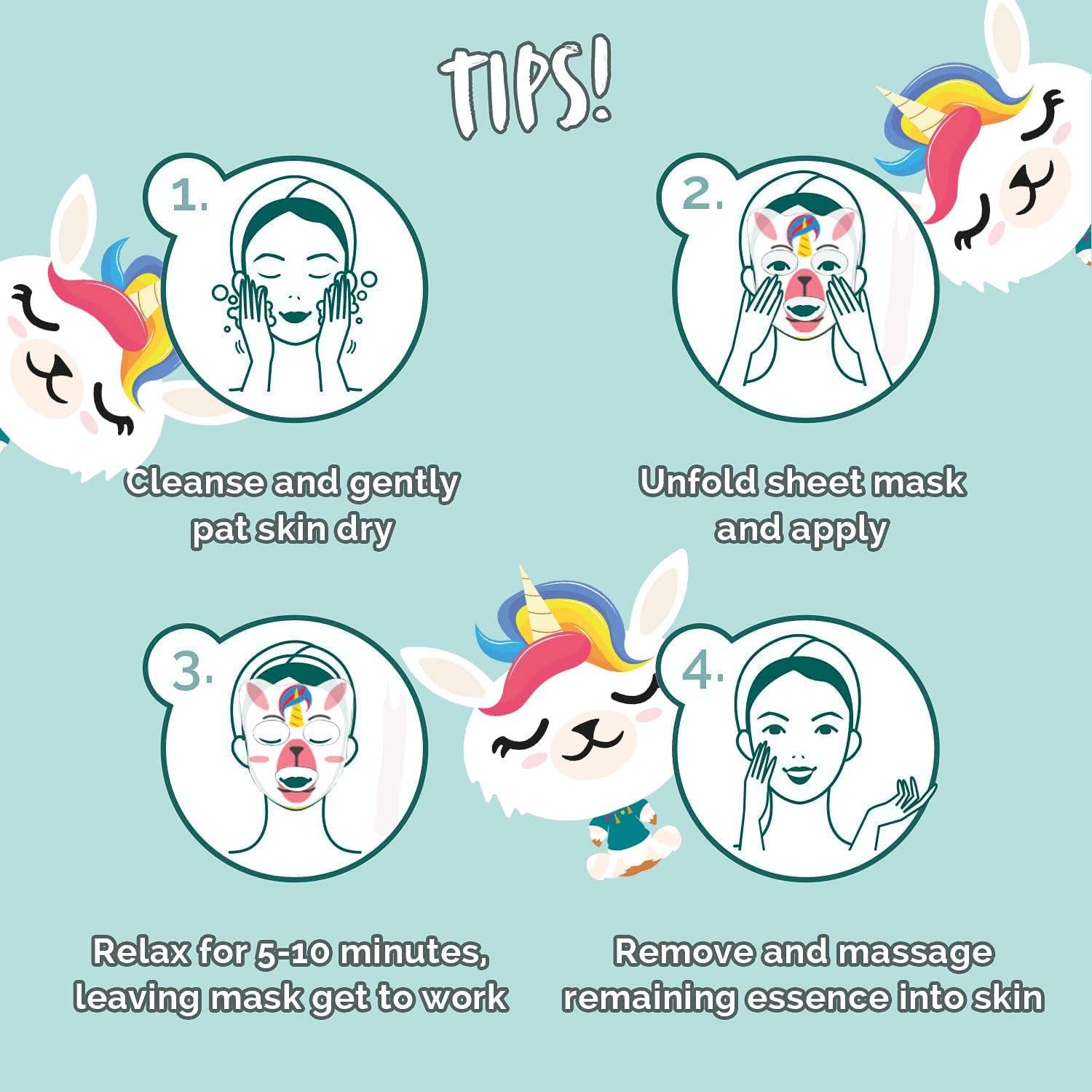 Beauty Goddess - Venta al por mayor Mascarilla - Mascarillas Faciales en Lámina Lamacorn 7th Heaven – Set de Cuidado de la Piel para Niños de 8+ Años – Mascarilla Facial en Lámina con Mezcla de Llama y Unicornio con Coco y Papaya – Mascarillas en Lámina para Calmar, Hidratar y Humectar la Piel4