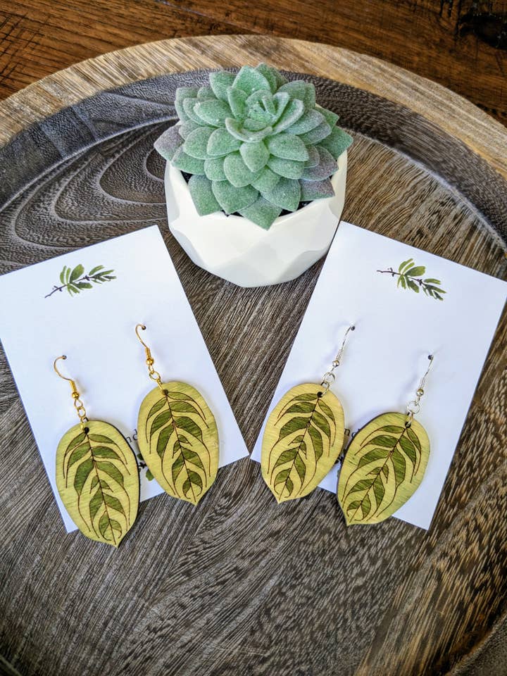 Praying Plant Wood Leaf Earrings | Fishbone Praying Plant Je for wholesale by Stag and Branch