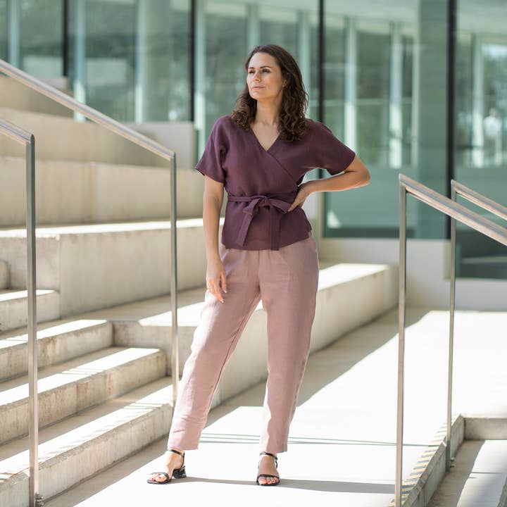 menique - Venta al por mayor Blusa - Mujer - Blusa kimono de lino Lila con cintura cruzada y manga corta8