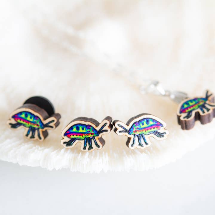 The Slug And Kraken - Wholesale Stud/Post Earrings - Jewel bug Wooden insect Earrings, Titanium Eco Studs
