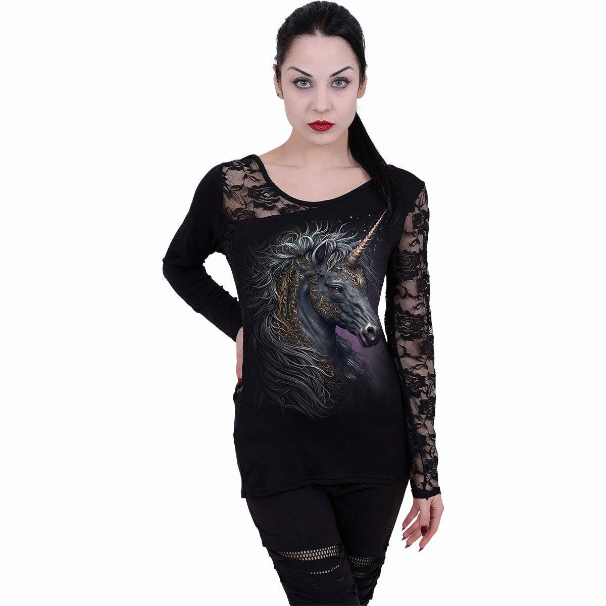 Spiral - Vente Chemisier – femme - CELTIC UNICORN - Top en dentelle à une épaule noir1