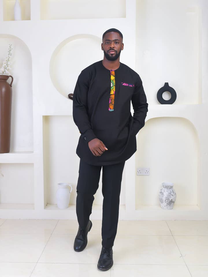 Kaftantop met Afrikaanse print en lange mouwen voor heren - Emeka voor wholesale door CUMO London