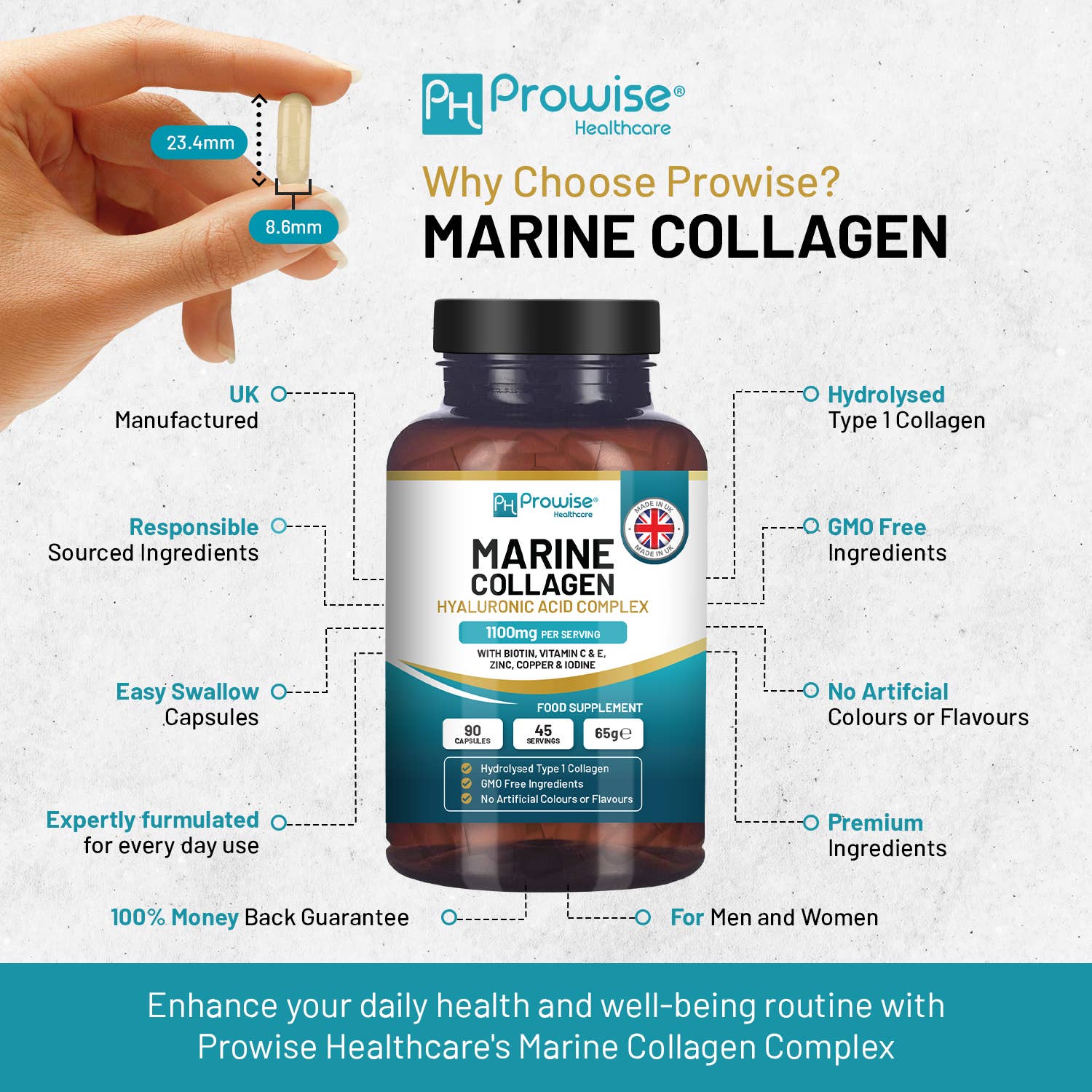 Prowise Healthcare – Großhandel Nahrungsergänzungsmittel/Vitamin zum Einnehmen – Marine Kollagen mit Hyaluronsäure 1100 mg – 90 Kapseln3