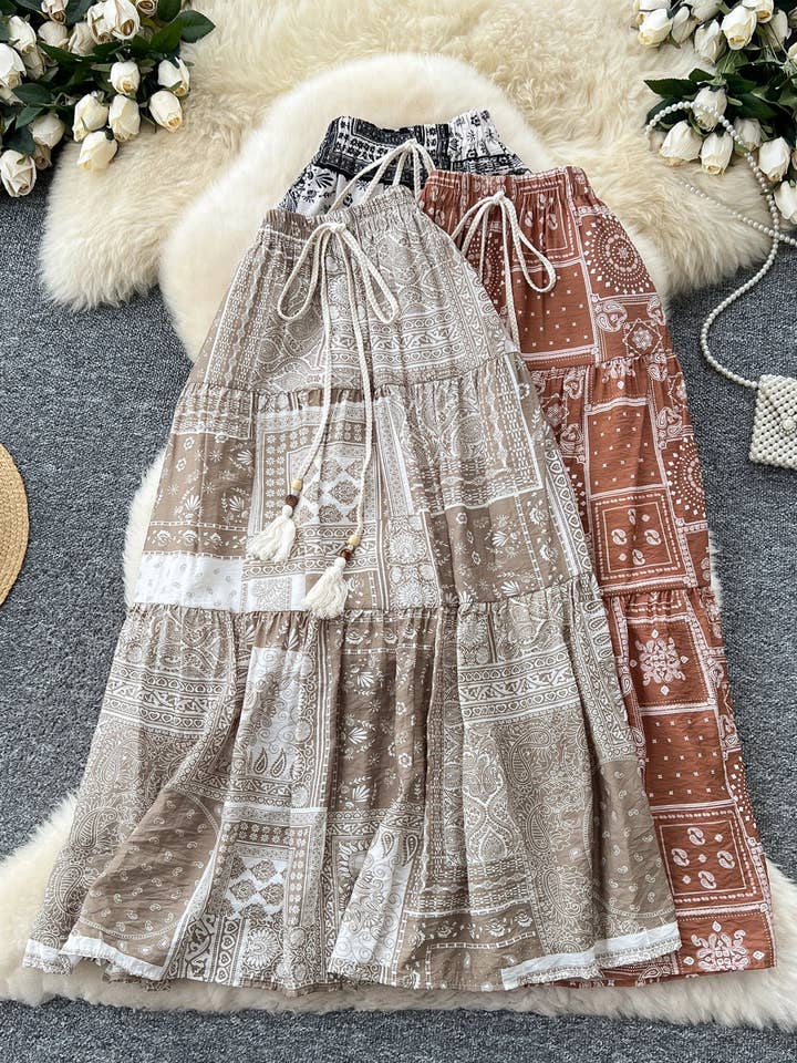 Saia Midi de Cintura Alta com Estampa Floral Vintage Boémia por atacado de StyleGalX