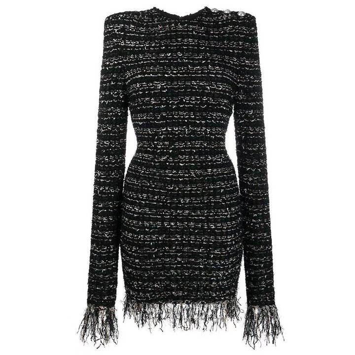 Black DR062 Women Shiny Detail Tweed Fringed Dress for wholesale on Faire