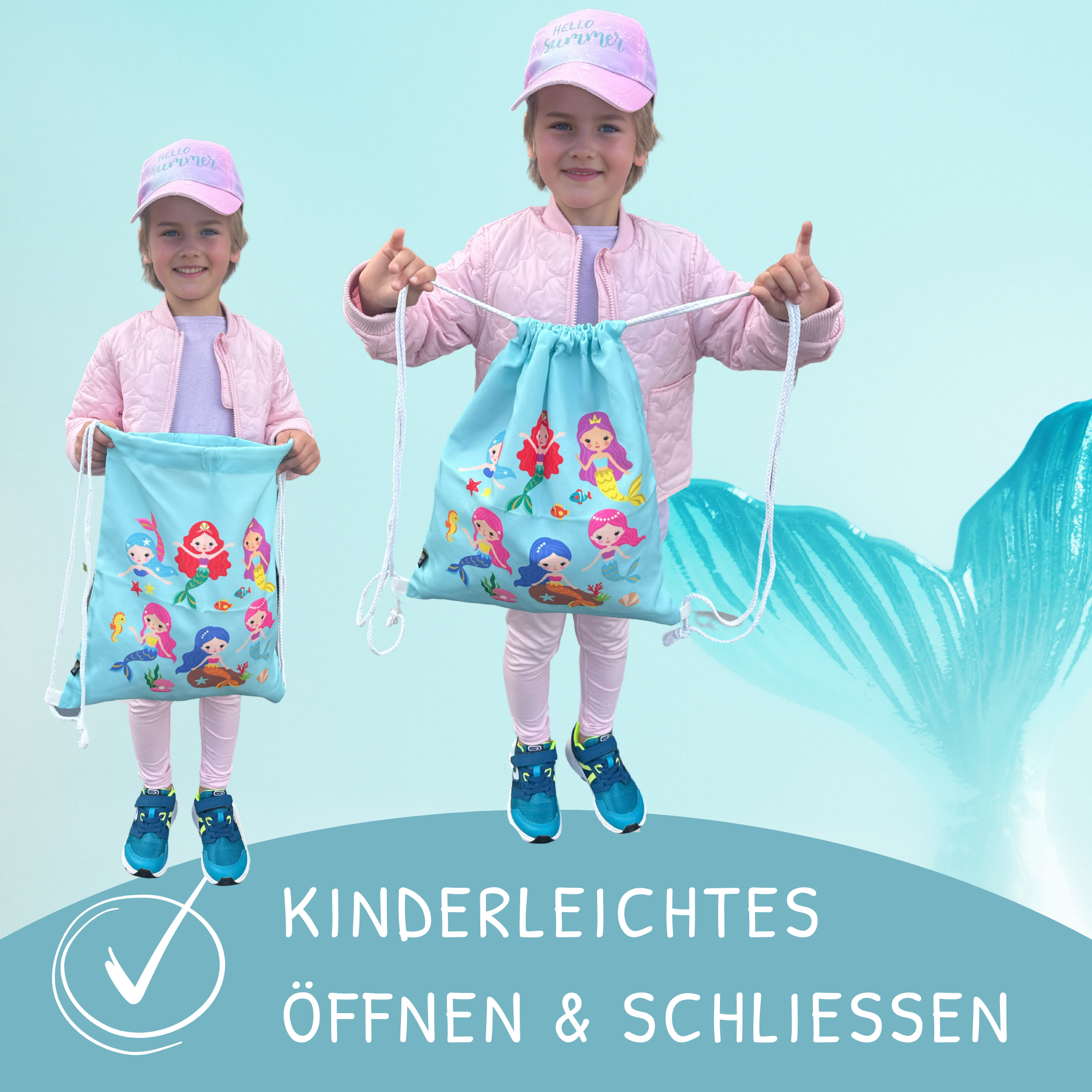 HECKBO - Wholesale Drawstring Bag - Kids - Children's gym bag mermaid fish shells turquoise3