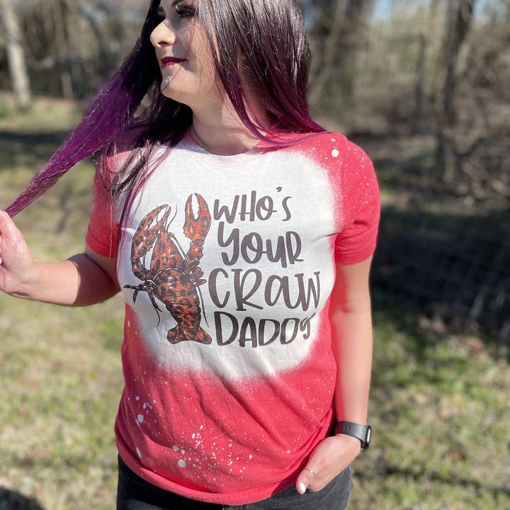 Boutique Bleached T-Shirt, Who's Your Crawdaddy, Crawfish for wholesale by Curlee Q & Co.
