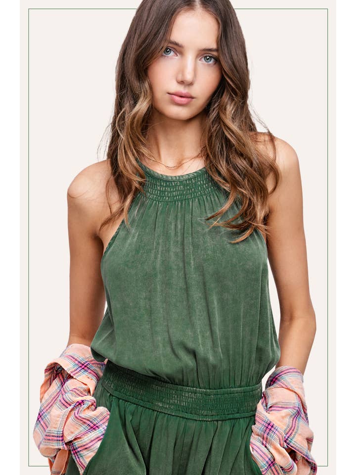 La Miel - Wholesale Romper - Women's - HCD9313-Mineral Washed Sleeveless Mini Romper with Pocket