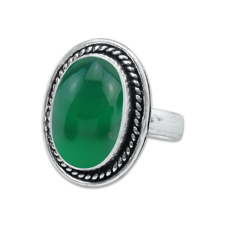 Handmade Jewels - Wholesale Cocktail/Statement Ring - Green Onyx Rings – Handmade, Silver-Plated, Assorted Boho Designs (US Sizes 6–10)6