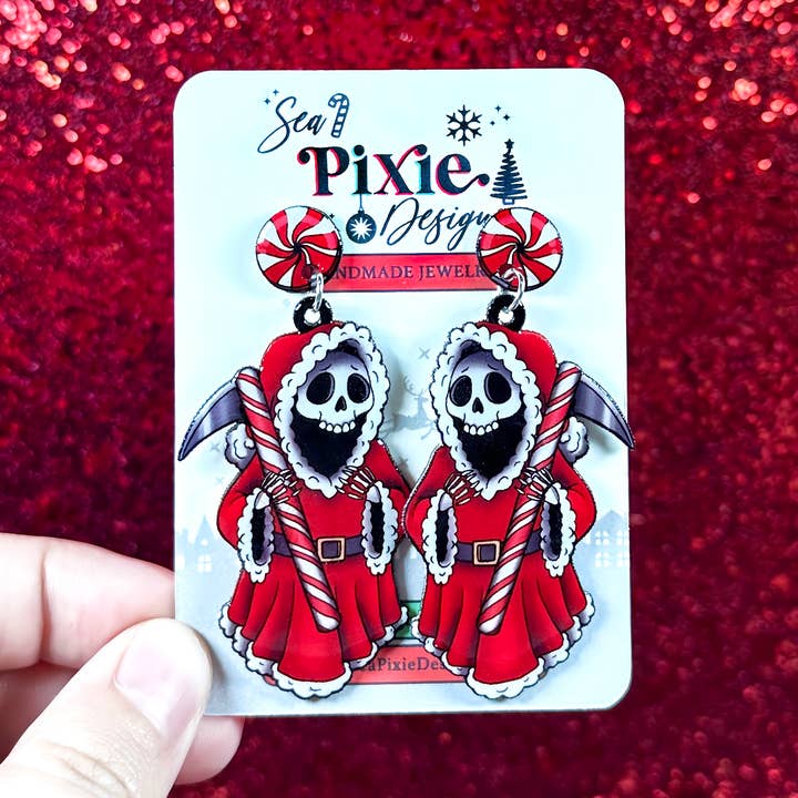 Grim Reaper Santa Halloween & Christmas Dangle Earrings for wholesale by Sea Pixie Designs