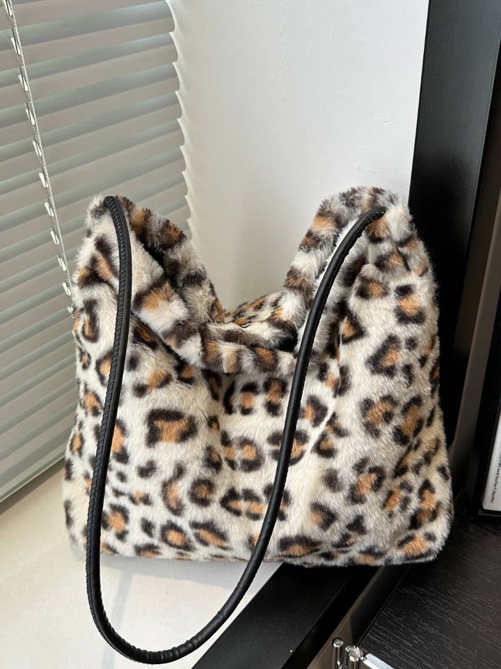 Leopard Furry Shoulder Bag for wholesale by Beyond Apparel