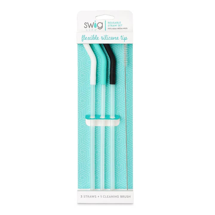 Swig Life - Wholesale Drinking Straw - White/Aqua/Black Reusable Straw Set (Mega Mugs)