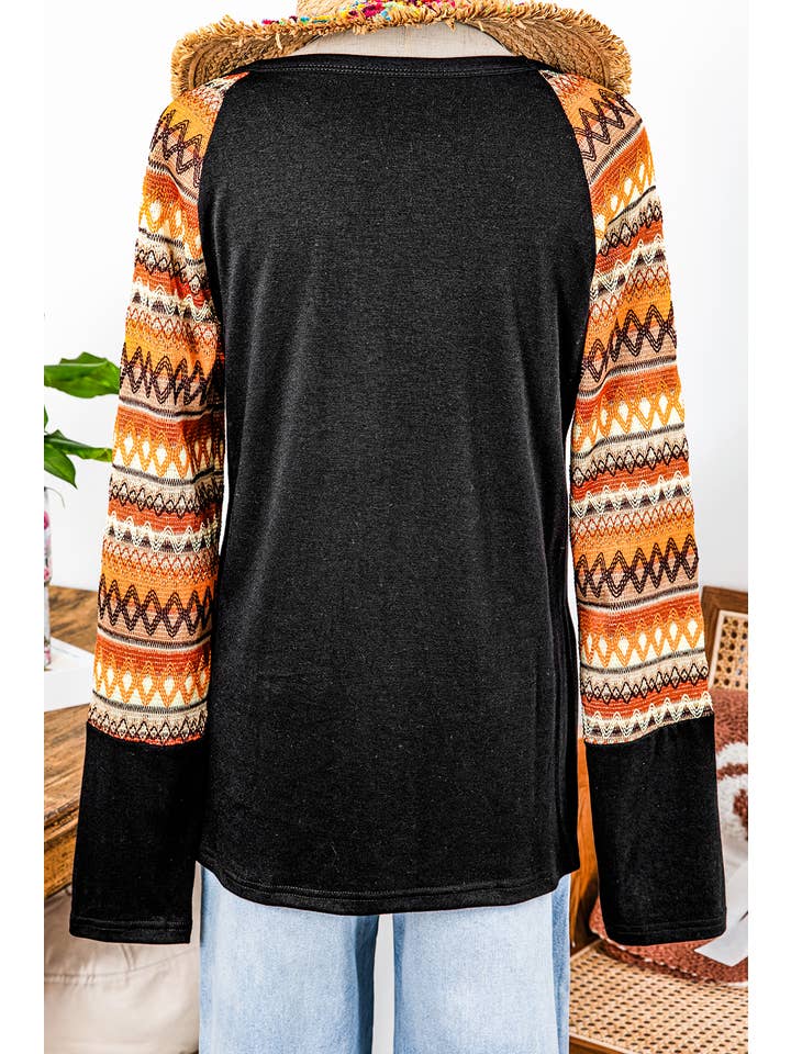 AS SHOWN Fashion-W Western Fall Geo Raglan Patchwork Long Sleeve Tee for wholesale on Faire3