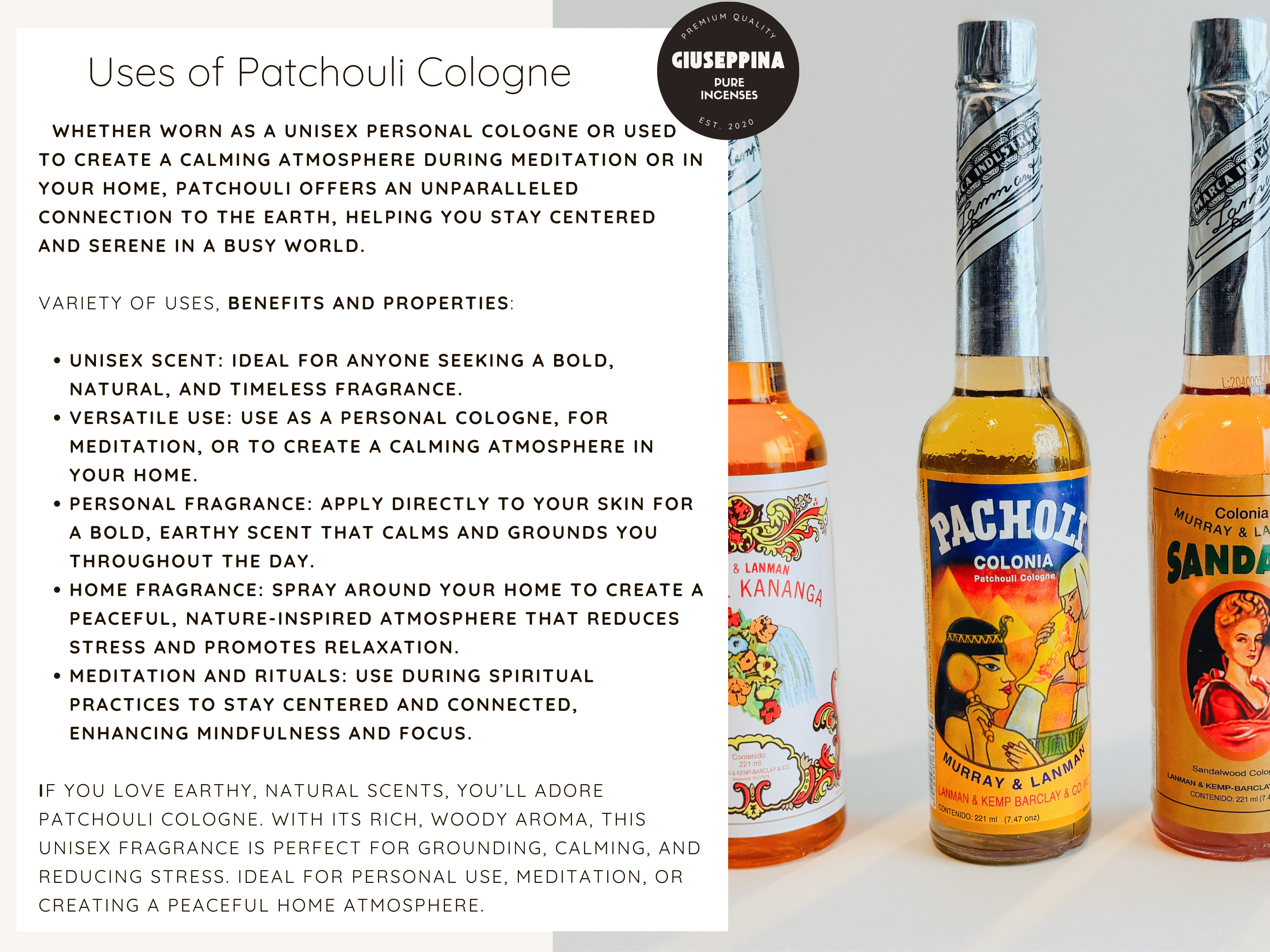 Giuseppina Shop - Wholesale Perfume/Eau de Toilette - Patchouli Cologne - Woody Aroma for Balance & Tranquility6