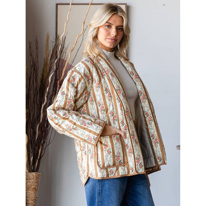 Veveret - Wholesale Jacket - Women's - Quilted Stripe Flower Open Jacket