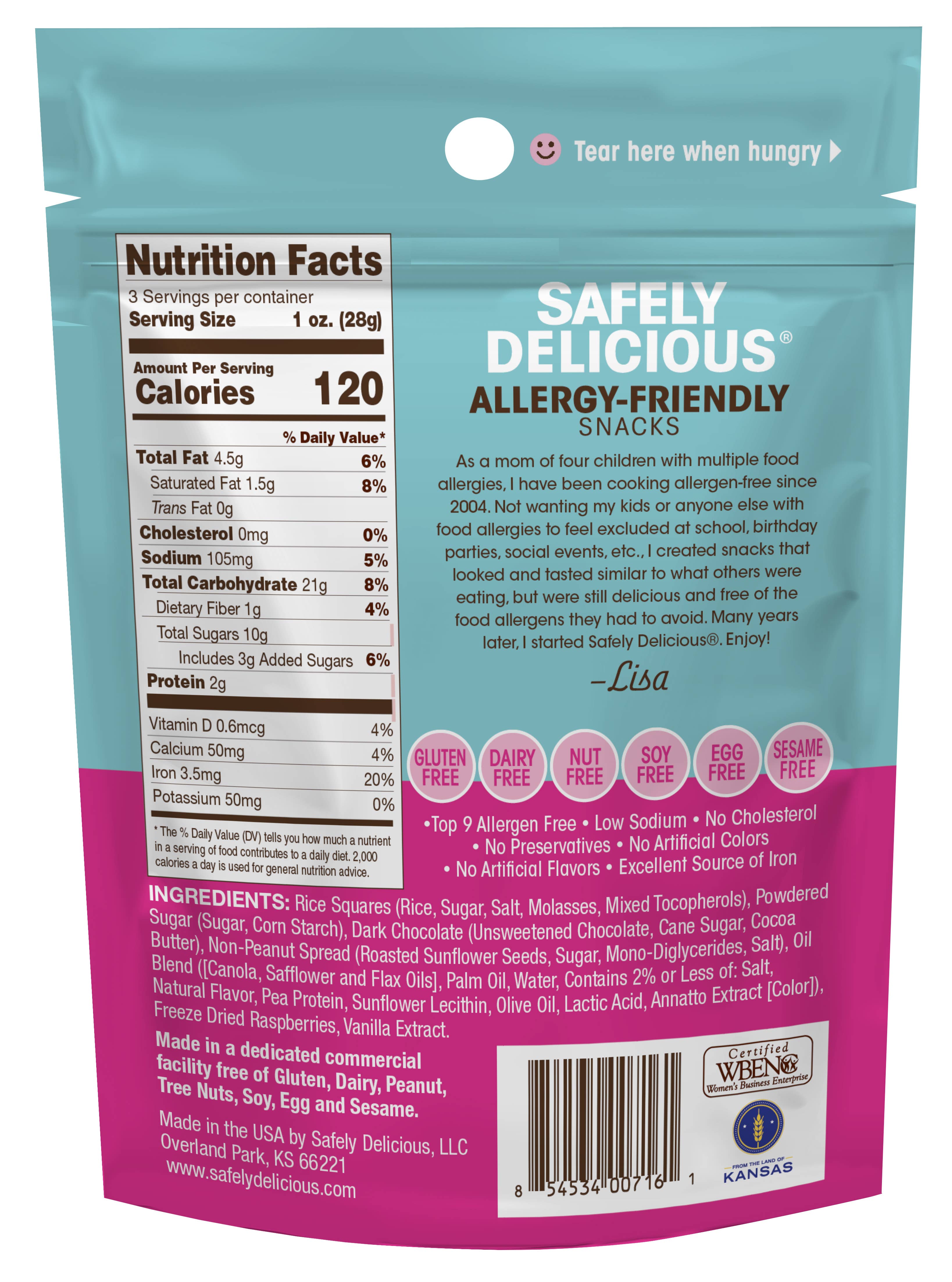 Safely Delicious, LLC - Wholesale Snack Bar - Raspberry Bites 3 oz - Allergen Free, Gluten Free, Vegan1