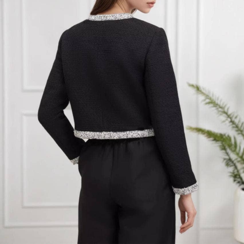 Noir Veste courte à bordure en tweed avec design ouvert à l'avant en vente sur Faire2