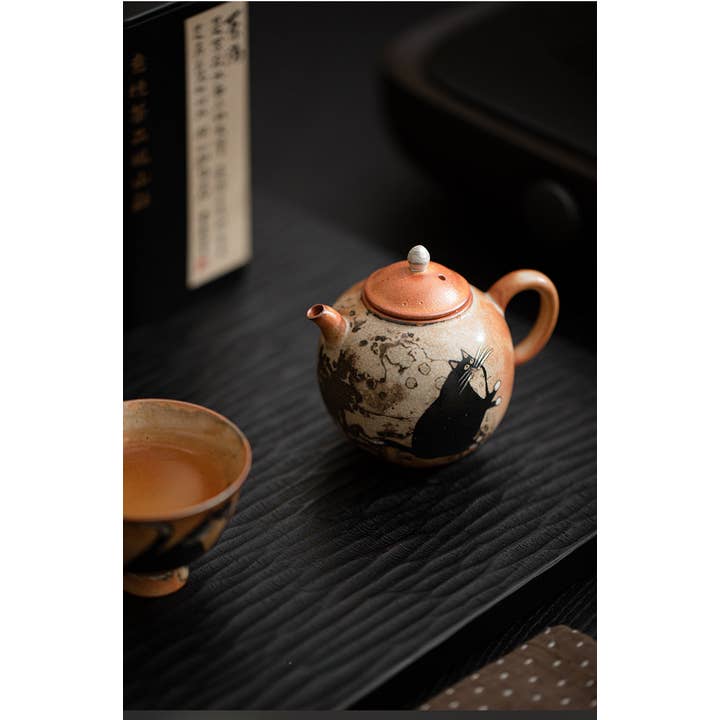 Gohobi (We cover U.S. import duties) - Wholesale Tea Pot - Gohobi Handmade Black Ink Hand-painted Cat Teapot 00516