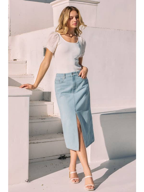 Blu lavato Gonna midi in denim lavato in vendita all'ingrosso su Faire1