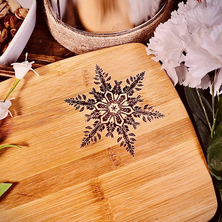 Snowflake Winter Bamboo Cutting Serving Charcuterie Meat Che for wholesale by Rustic Cedar Co