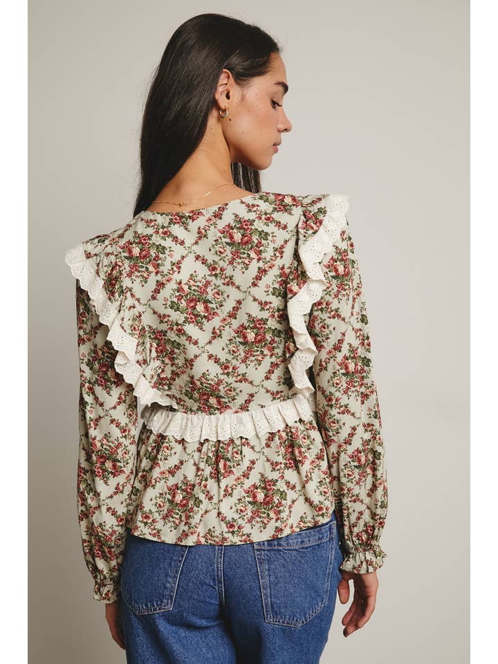 Forte - Wholesale Blouse – Women’s - Eyelet Ruffle Floral Peplum Blouse FT001216