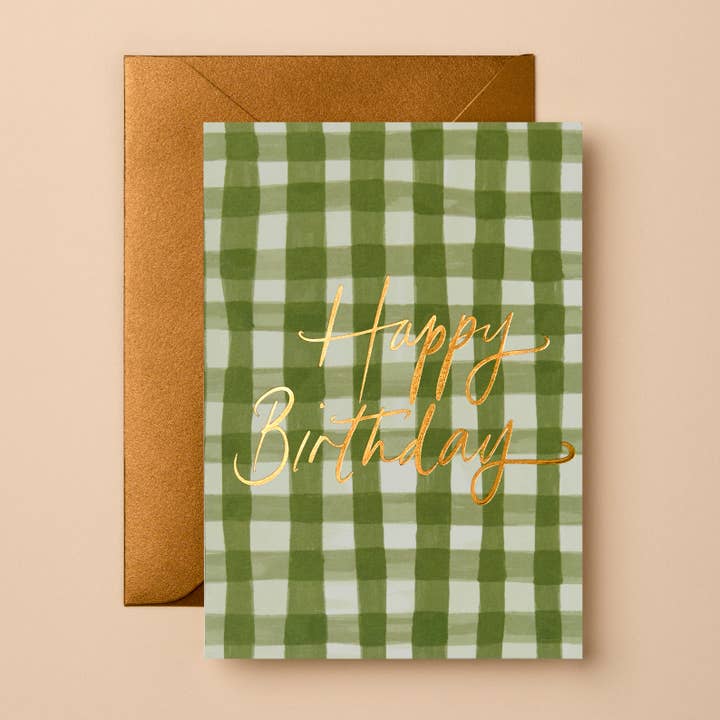 Gingham Birthday Card | Signature Foil Greeting Card for wholesale by Gabrielle & Celine Greeting Cards Australia