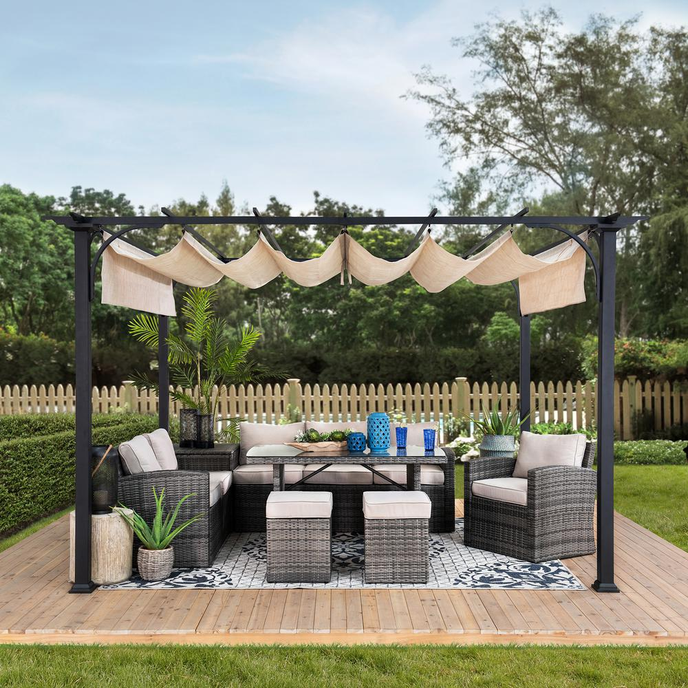Giniverse108 - Wholesale Patio Umbrella - Sunjoy Jalen 12 x 9ft Patio Steel Frame Pergola with Retractable Canopy Shade1