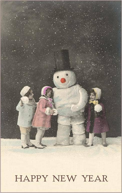 Happy New Year Postcard Snowman with Children Mid Century Netherlands