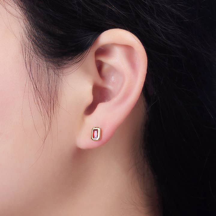 Aim Eternal - Wholesale Stud/Post Earrings - 14K Gold Filled Blue, Clear, Fuchsia, Red, Pink Multifaceted Baguette CZ Bezel Stud Earrings | AD-448~AD-4528