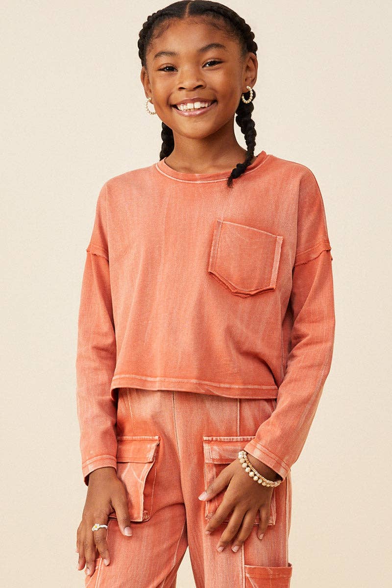 Hayden LA - Wholesale T-Shirt - Kids - Girls Washed Chest Pocket Long Sleeve Knit T Shirt11