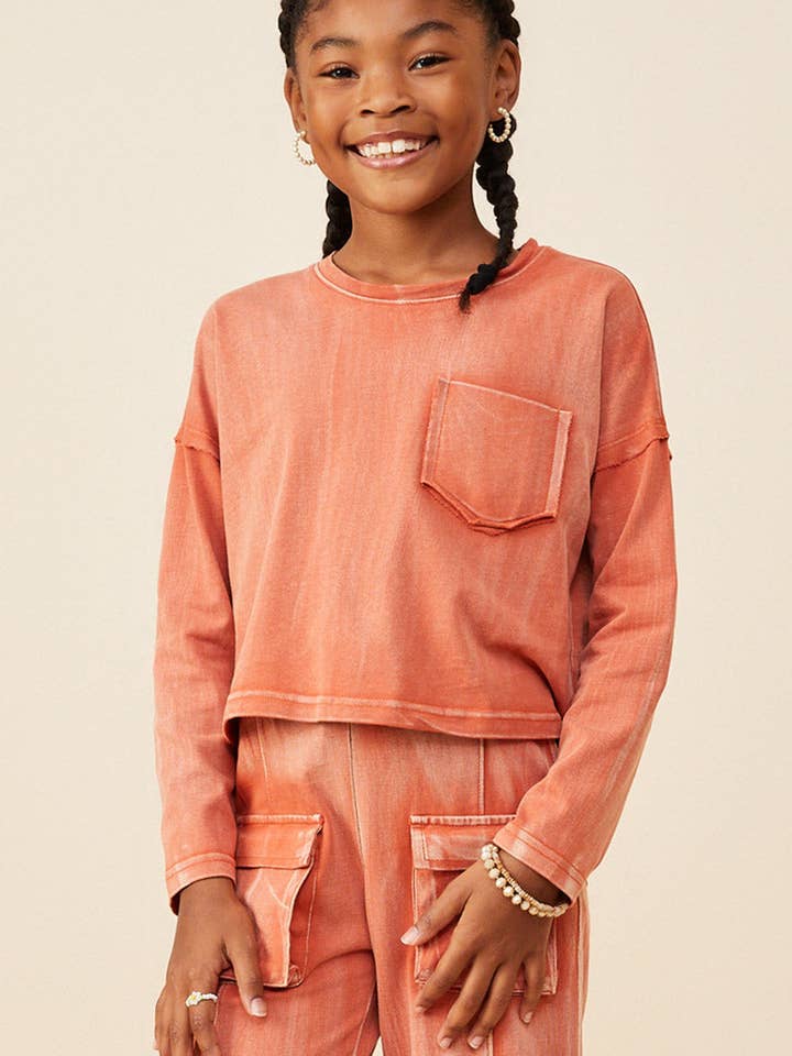 Hayden LA - Wholesale T-Shirt - Kids - Girls Washed Chest Pocket Long Sleeve Knit T Shirt11