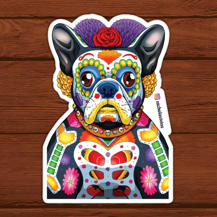 Autocollant Boston Terrier du Jour des morts - « Tezo » pour la vente par Nicholas Ivins Art & Illustration