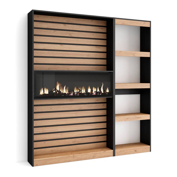 Skraut Home - Venta al por mayor Estanterías - Librería estantería | Estanteria libros de pared | 170x186x25cm | Salón - Comedor - Oficina | Chimenea eléctrica | Estilo Moderno | Roble y negro