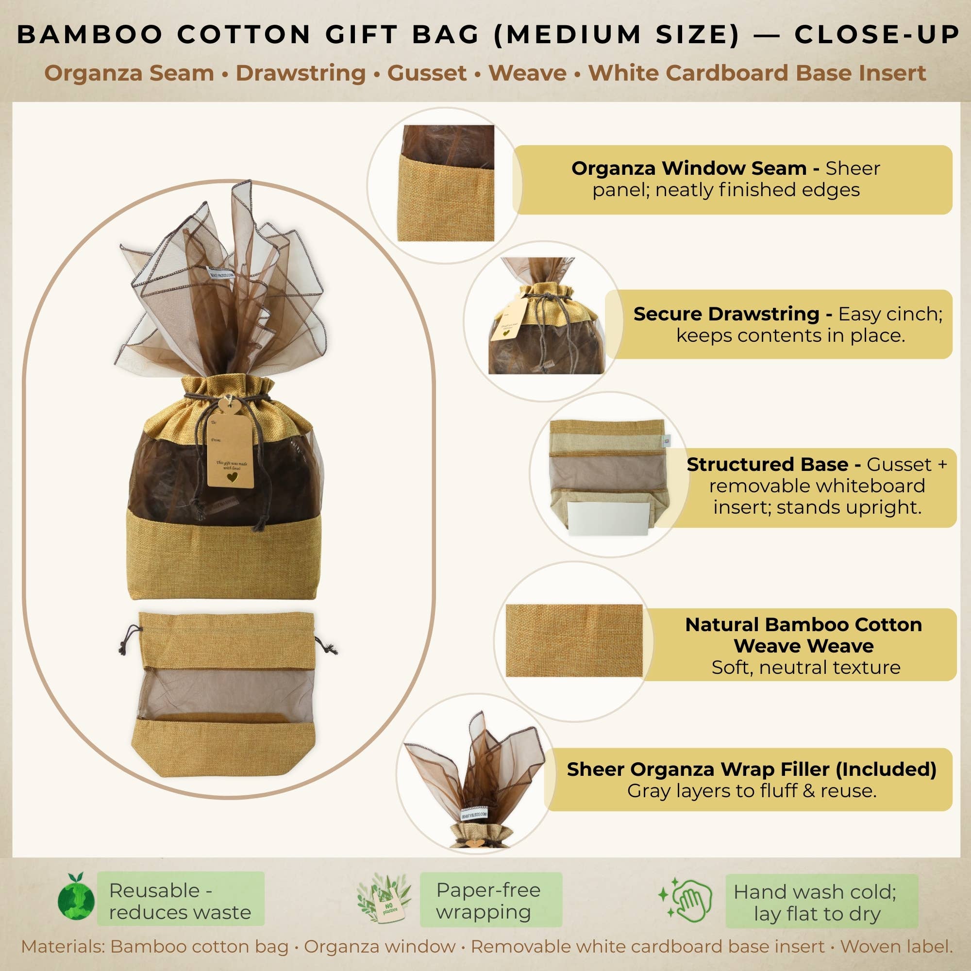 Beauty Blisss - Wholesale Gift Bag - Bamboo Cotton Gift Bag MEDIUM, Light Brown, Tag, 2 Wraps1