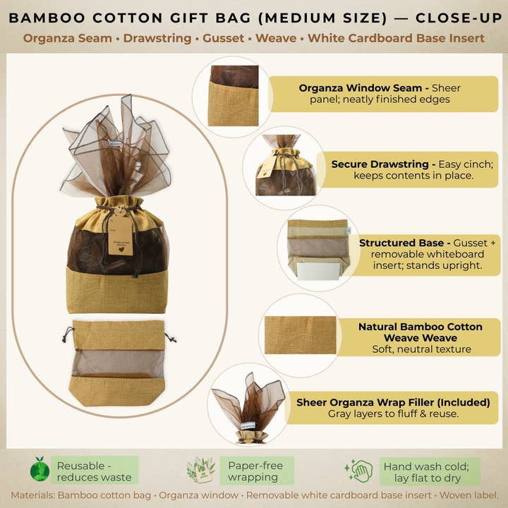 Beauty Blisss - Wholesale Gift Bag - Bamboo Cotton Gift Bag MEDIUM, Light Brown, Tag, 2 Wraps1