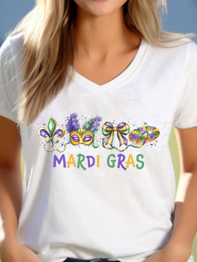 Mardi Gras symboler og masker unisex V-hals T-shirt for engroshandel hos Top Avenue