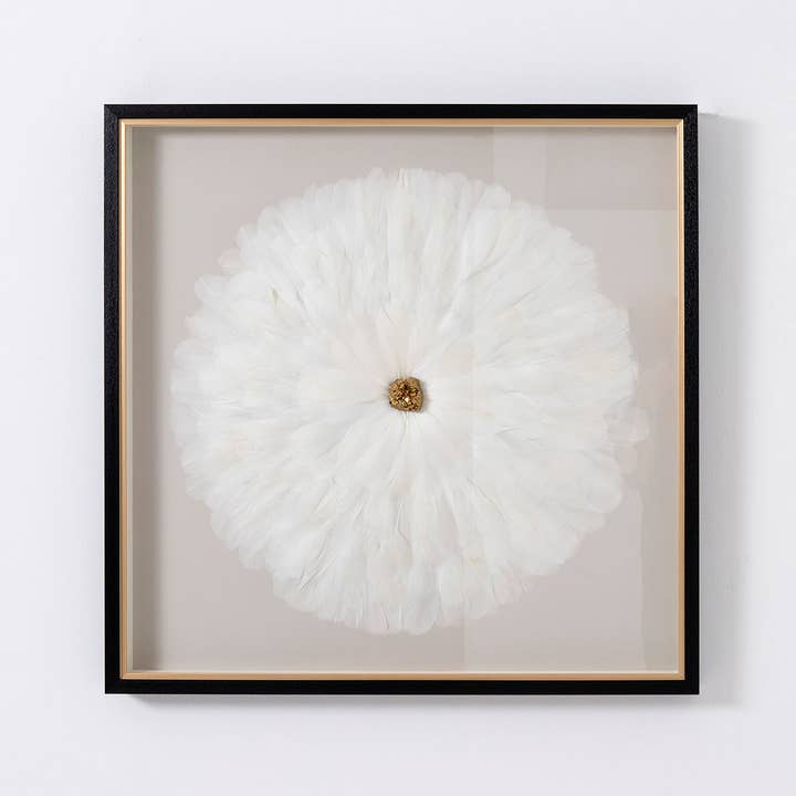 Gdeco - Venta al por mayor Marcos de fotos - Cuadro Vitrina 80*80 Cm, Marco Negro Y Dorado, Plumas Blancas.