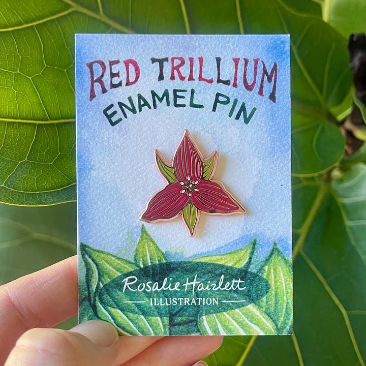 Red Trillium Enamel Pin for wholesale by Rosalie Haizlett Illustration