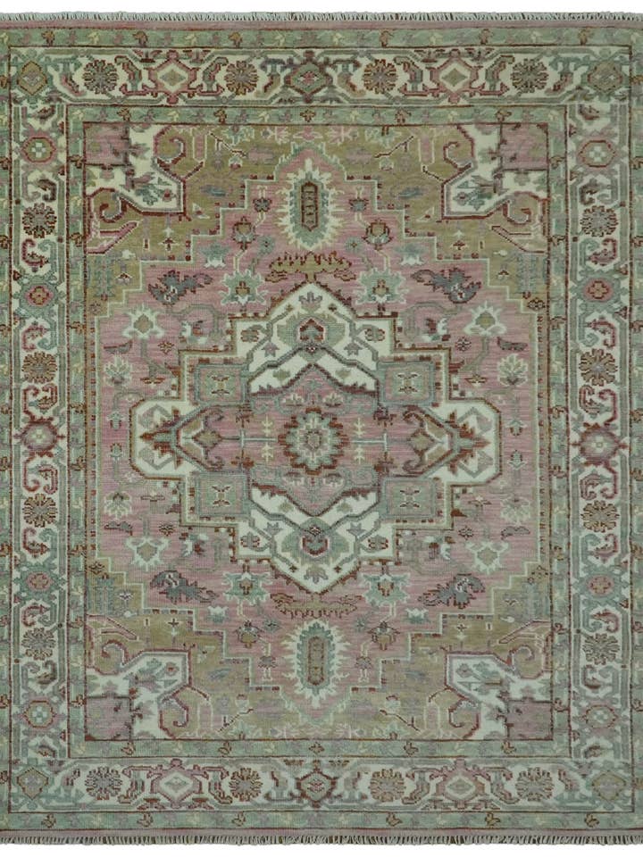 Pink, Ivory and Olive Hand Knotted Traditional Custom Made Size wool area rug for wholesale by The Rug Decor, Inc.
