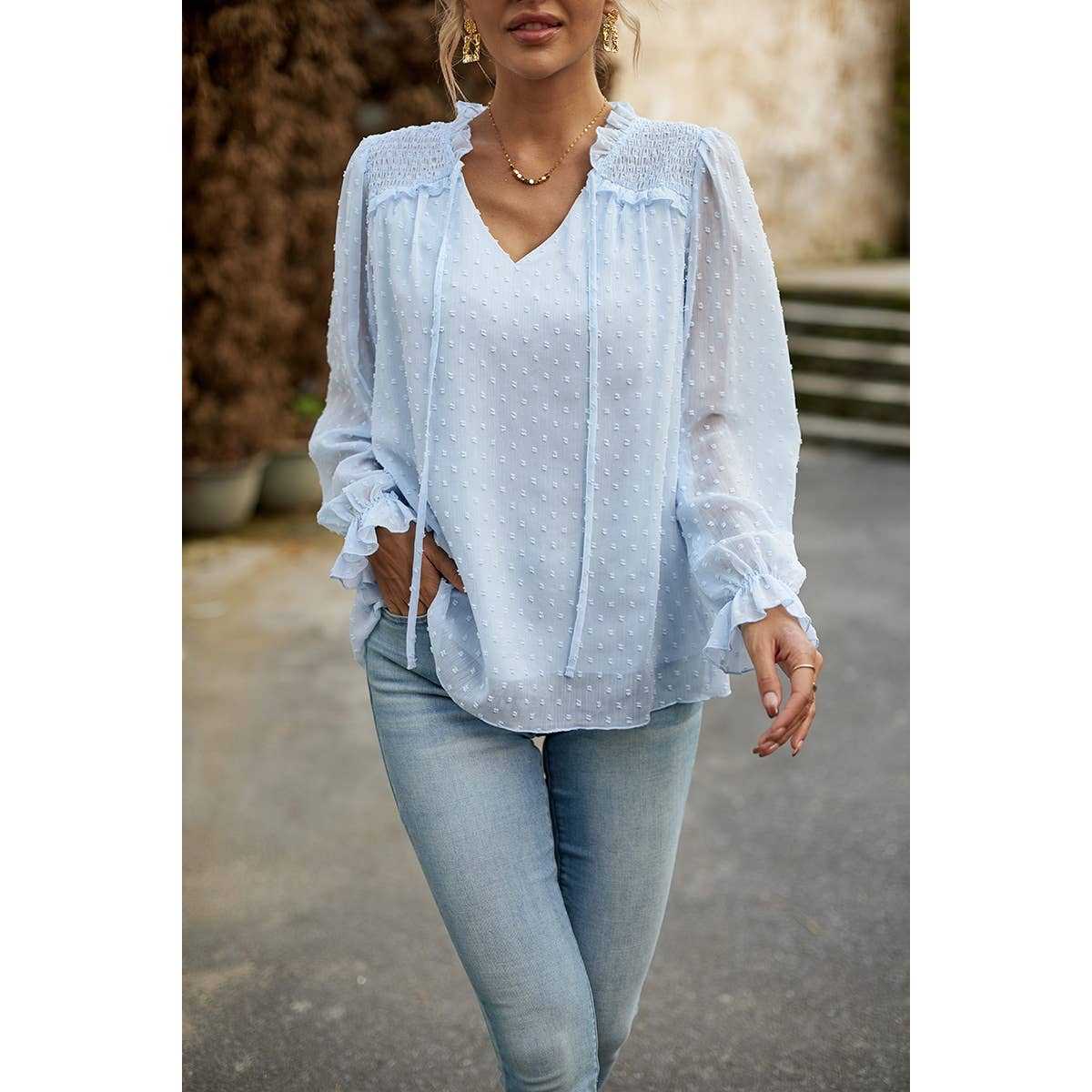 Elings - Wholesale Blouse - Women's - Swiss Dot Ruched Shoulder Hem Ruffle Blouse10