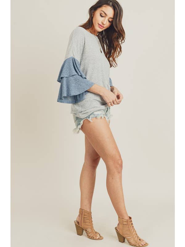 Grey Denim Tiered Bell Sleeve Color Block Top - 11384t for wholesale on Faire