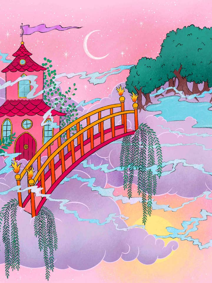 Dreamland Pink og Red Castle Art Print Giclée Kvalitet for engroshandel hos Elle Sorridente